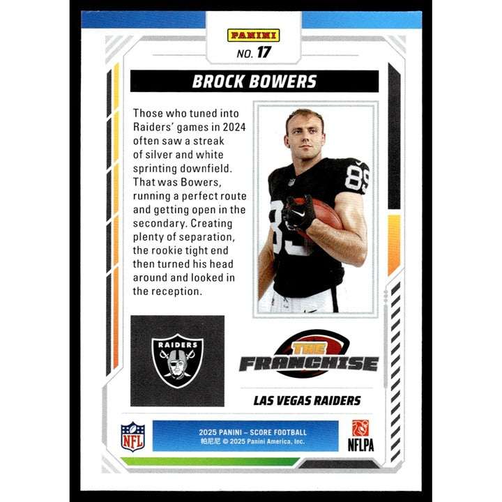 Brock Bowers 2025 Panini Score NFL football card #17 Las Vegas Raiders UGA Dogs black and white portrait with football