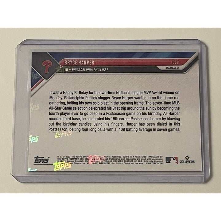2023 Topps NOW Bryce Harper Red Parallel MLB Phillies NLCS trading card in protective case