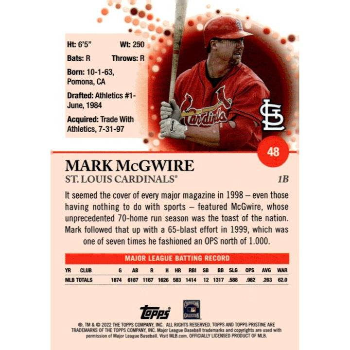 2022 Topps Pristine Mark McGwire MLB Oakland A’s Baseball Bash Brothers card with gold refractor design