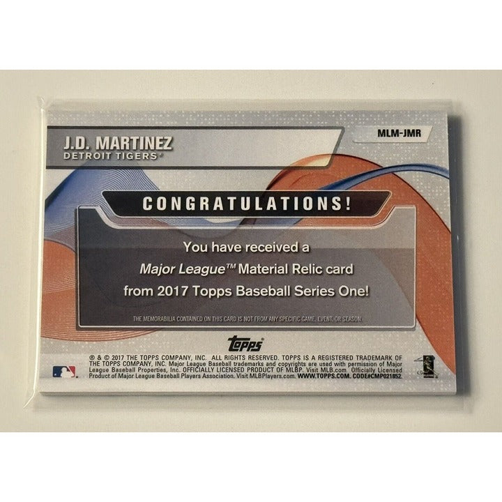 J.D. Martinez 2017 Topps Series One MLB card with game-worn jersey swatch Boston Red Sox memorabilia