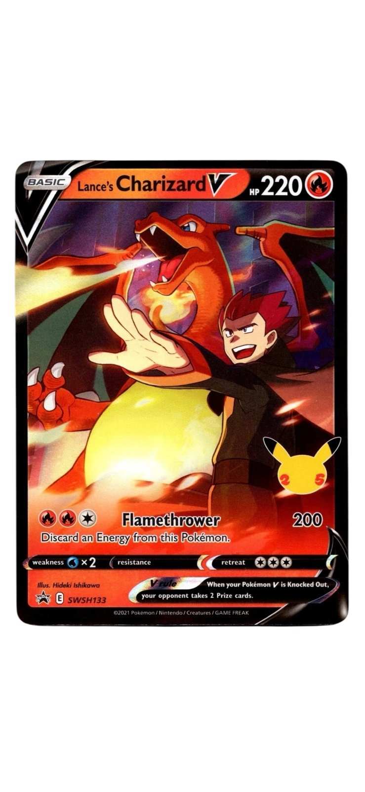 Lance's Charizard V promo Pokemon card with Flamethrower attack and 220 HP from Sword & Shield series