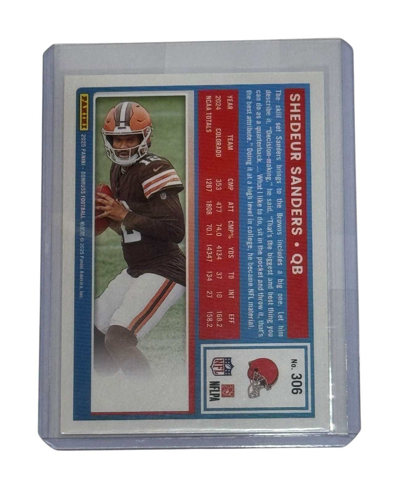 Shedeur Sanders RC 2025 Donruss Rated Rookie Cleveland Browns QB card #306 in protective sleeve