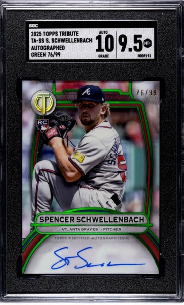 76/99 2025 TOPPS TRIBUTE SPENCER SCHWELLENBACH RC 
AUTO GREEN TA-SS MLB SGC  9.5
