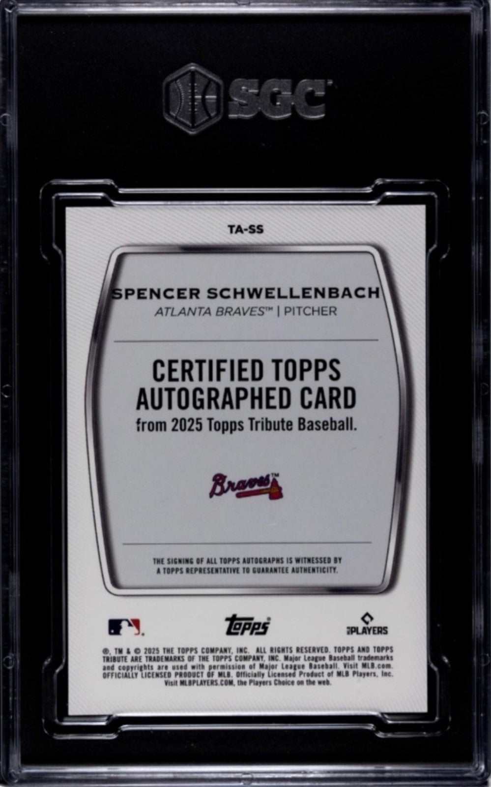 76/99 2025 TOPPS TRIBUTE Spencer Schwellenbach RC auto green MLB Braves SGC 9.5 card