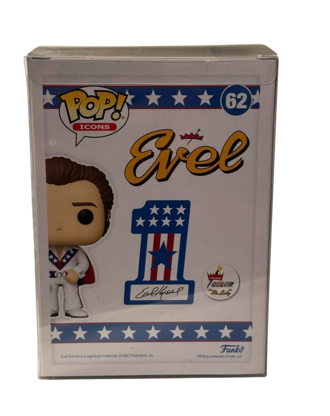 Evel Knievel Funko Pop vinyl figure in red white and blue jumpsuit collector display box