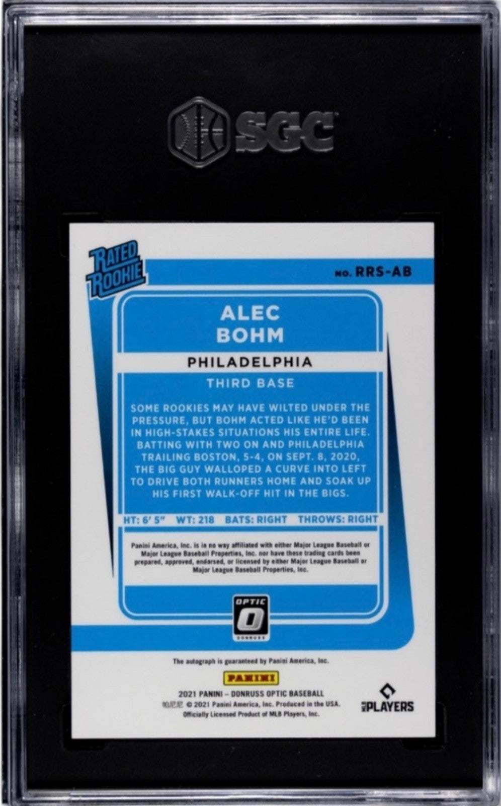 2021 DONRUSS OPTIC Alec Bohm Rated Rookie Auto Signed MLB Phillies SGC 10 card back