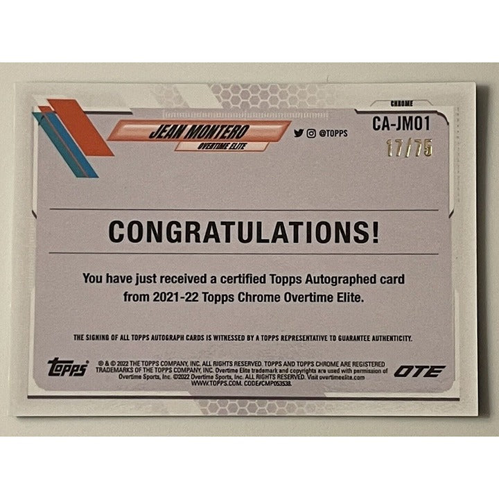 Jean Montero RC 2021-22 Topps Chrome OTE 17/75 autographed Aqua Green Refractor Knicks card back with authentication text