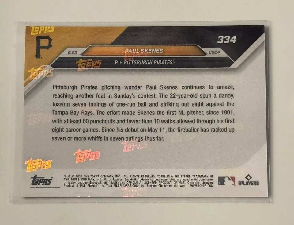 2024 Topps Now Paul Skenes Pittsburgh Pirates RC Blue Parallel rookie baseball card #334 back view