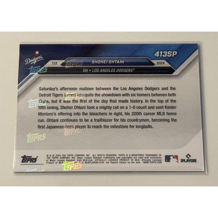 Back of Shohei Ohtani 2024 Topps Now Los Angeles Dodgers foil photo variation baseball card 413SP