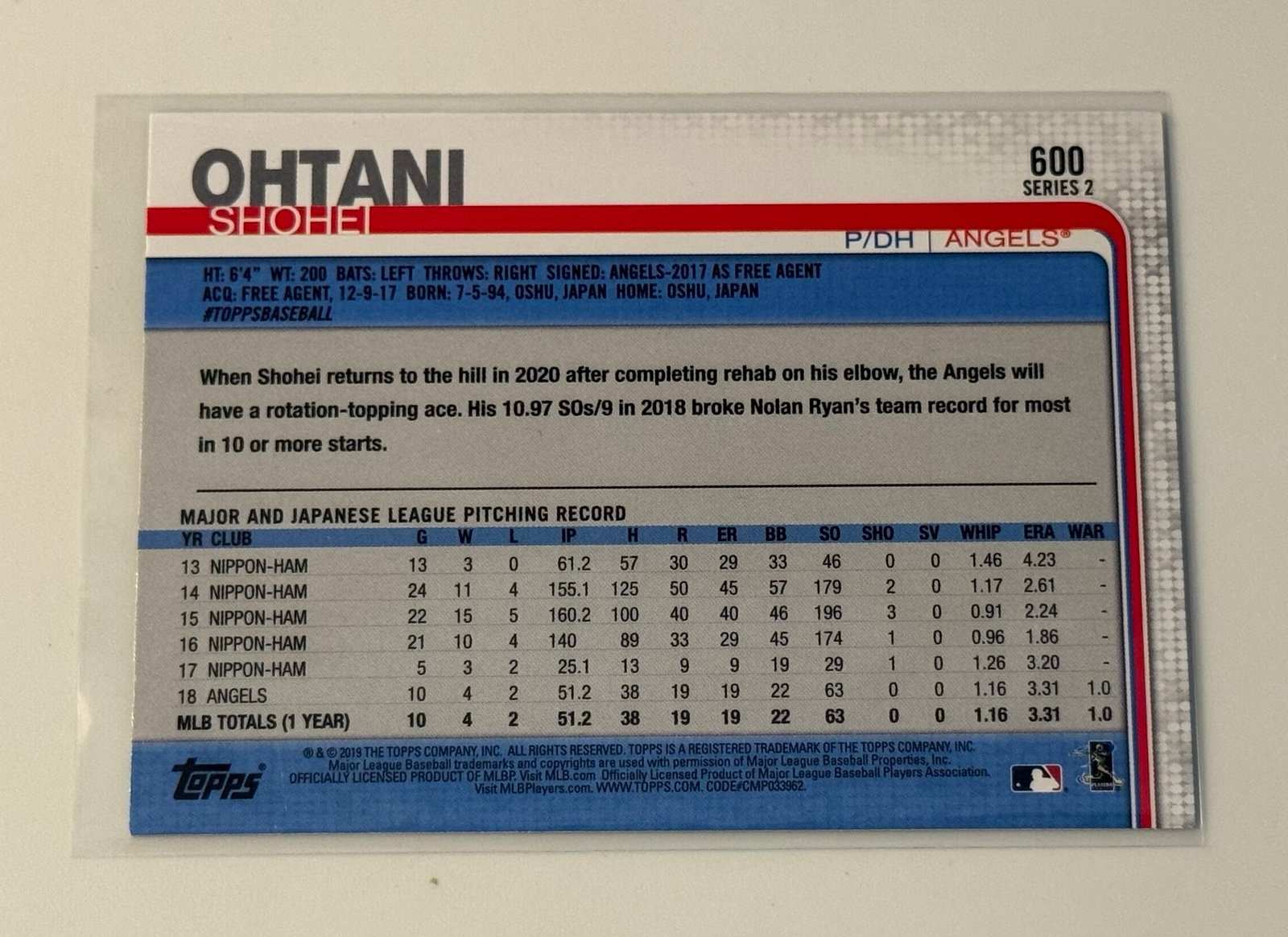 2022 Topps 600 Shohei Ohtani MLB Angels Dodgers World Series baseball card back