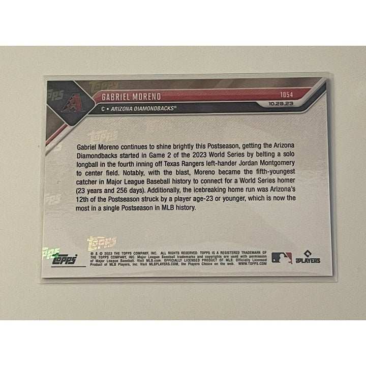 2023 Topps NOW Gabriel Moreno rookie card hitting 4th inning home run in World Series aluminum parallel design