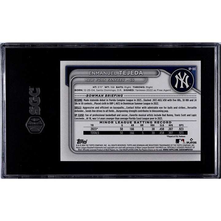 Enmanuel Tejeda RC 2024 Bowman Purple Border graded 9.5 baseball card in protective case