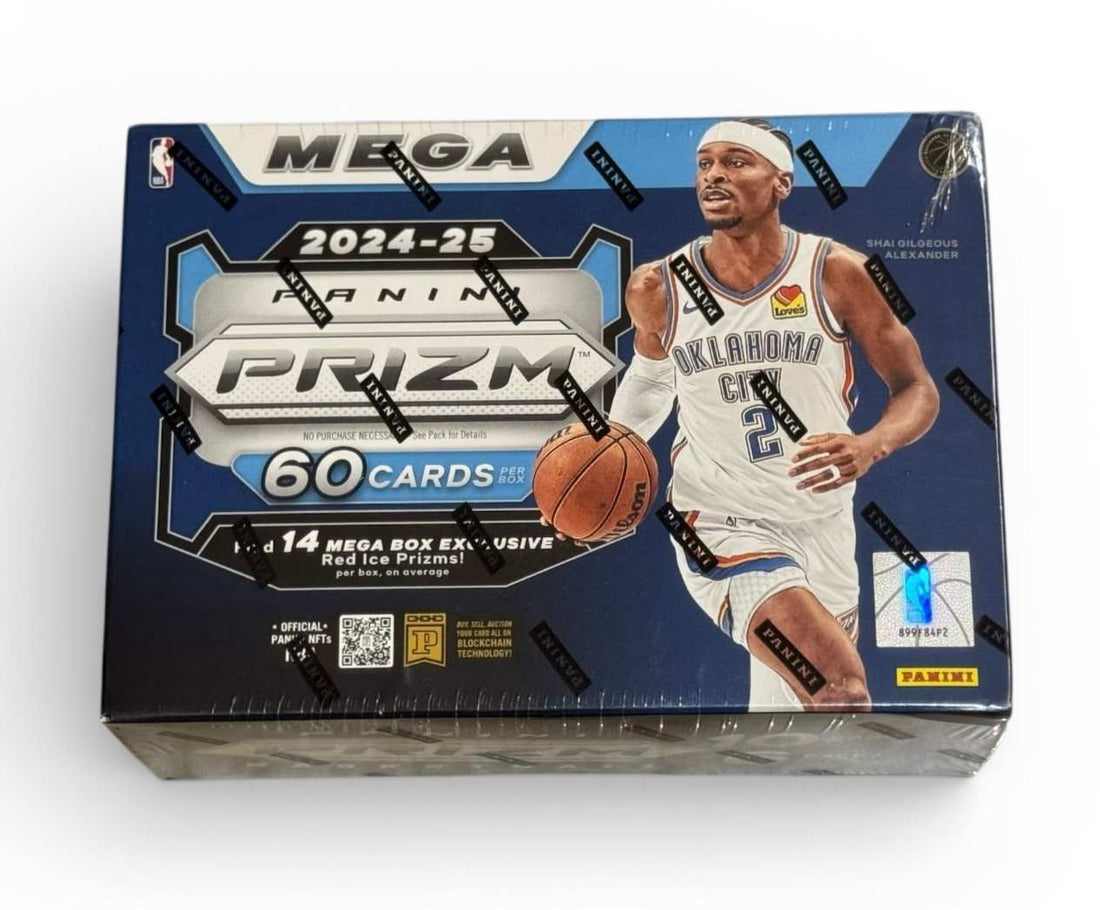 Sealed 2024 25 Panini Prizm NBA Mega Box basketball cards with Shai Gilgeous-Alexander design