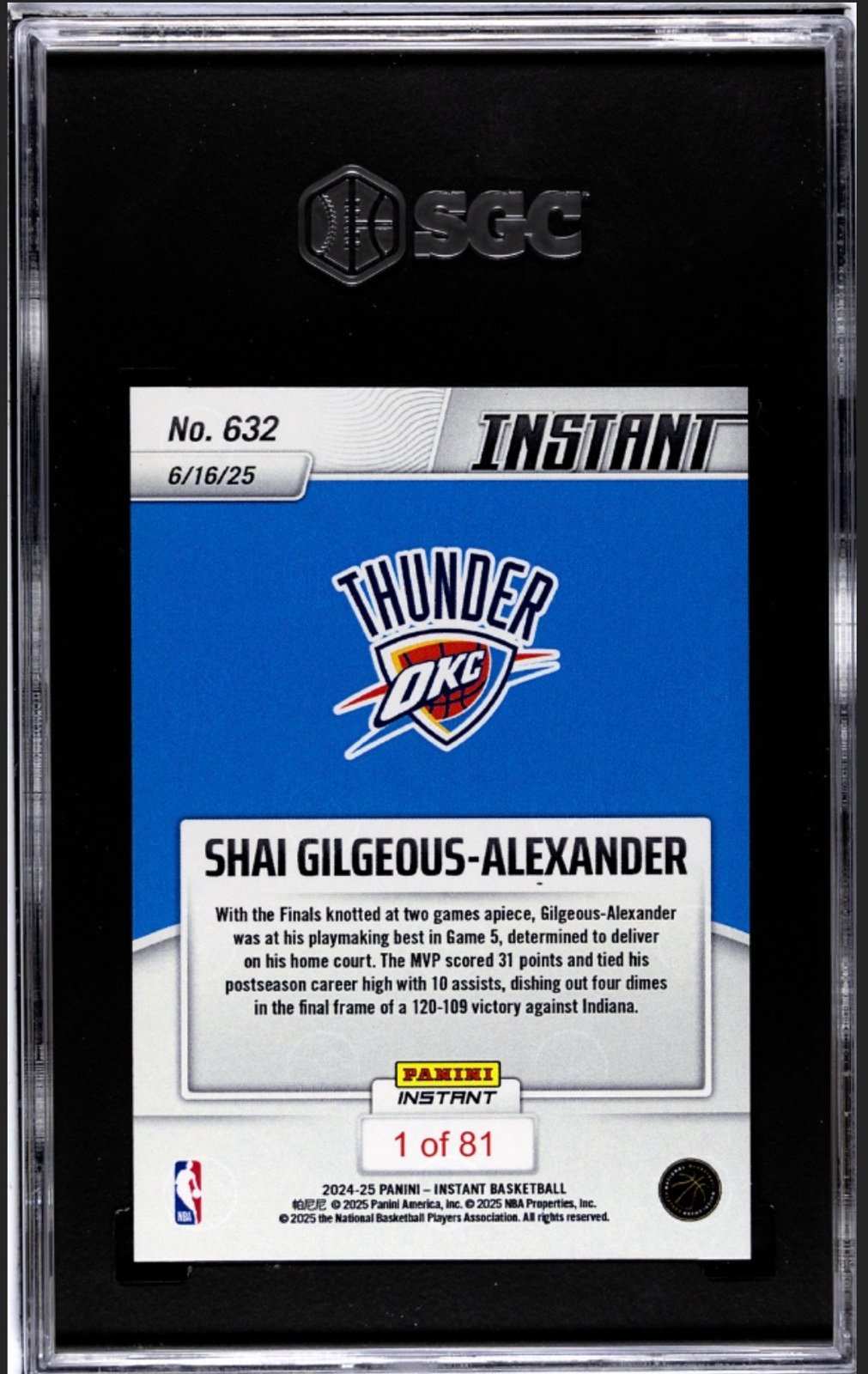 SHAI GILGEOUS-ALEXANDER 2024-25 Panini Instant NBA OKC Thunder Finals Card 632 SGC 9.5