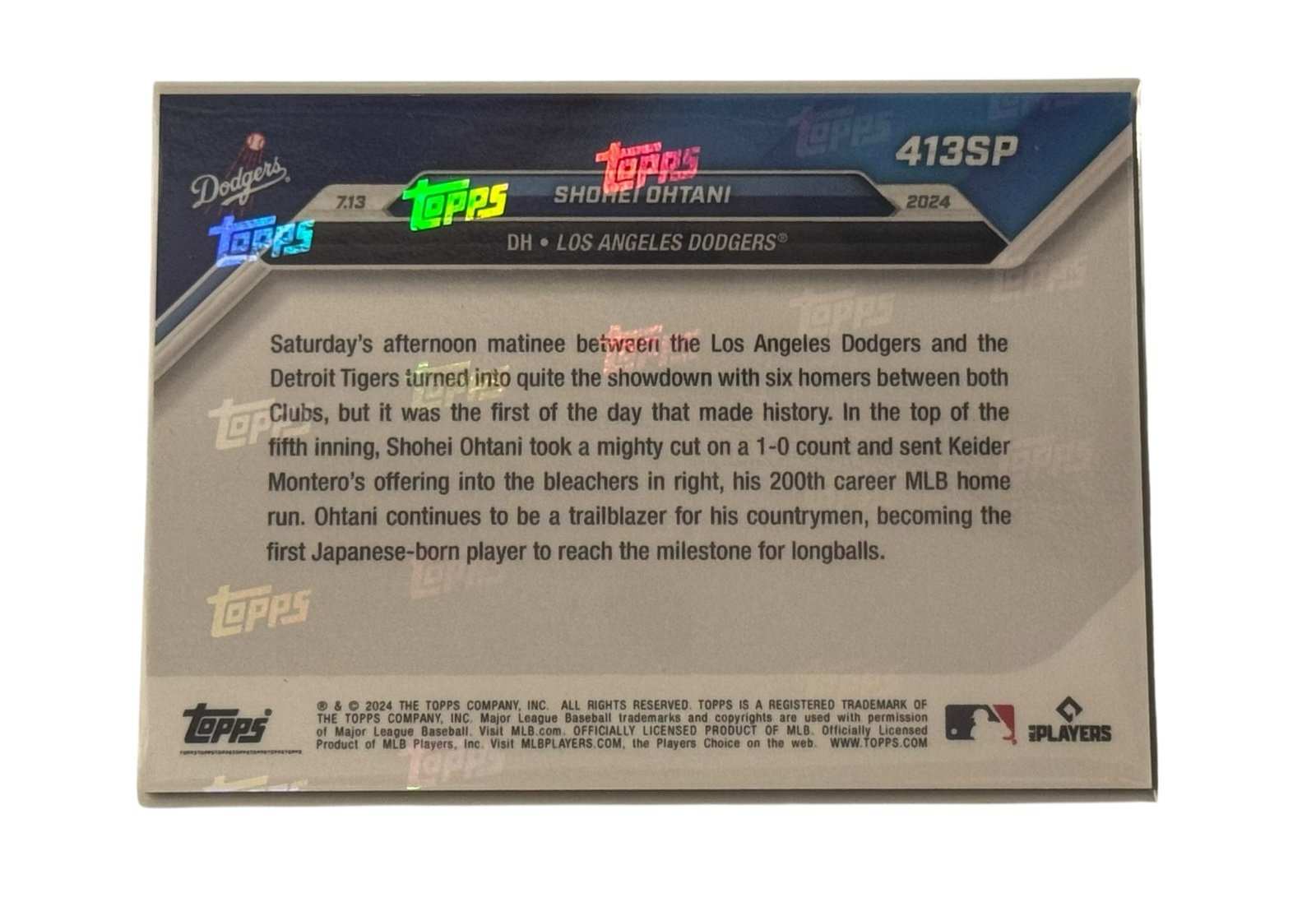 Shohei Ohtani 2024 Topps Now #413 SUPER SP Refractor Dodgers 200th HR milestone baseball card back view