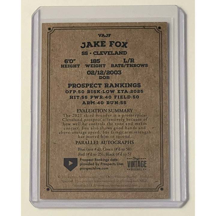 2023 Jake Fox RC Onyx Vintage Extended Baseball card with blue ink autograph and Cleveland Guardians logo