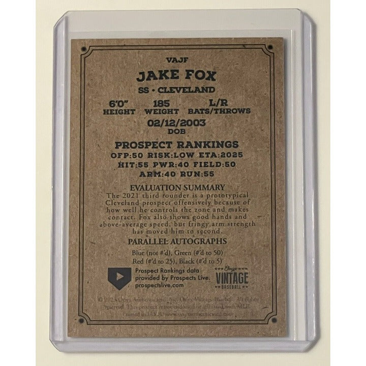 Jake Fox RC 2023 ONYX Vintage Extended Baseball Trading Card signed in blue ink with Cleveland Guardians details
