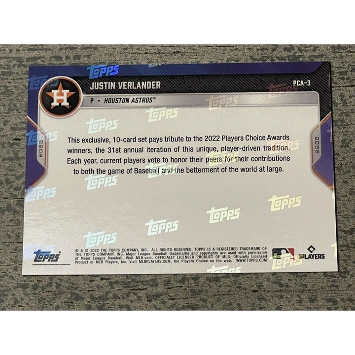 Justin Verlander 2022 Topps Now AL COMEBACK Player of the Year baseball card with Houston Astros logo
