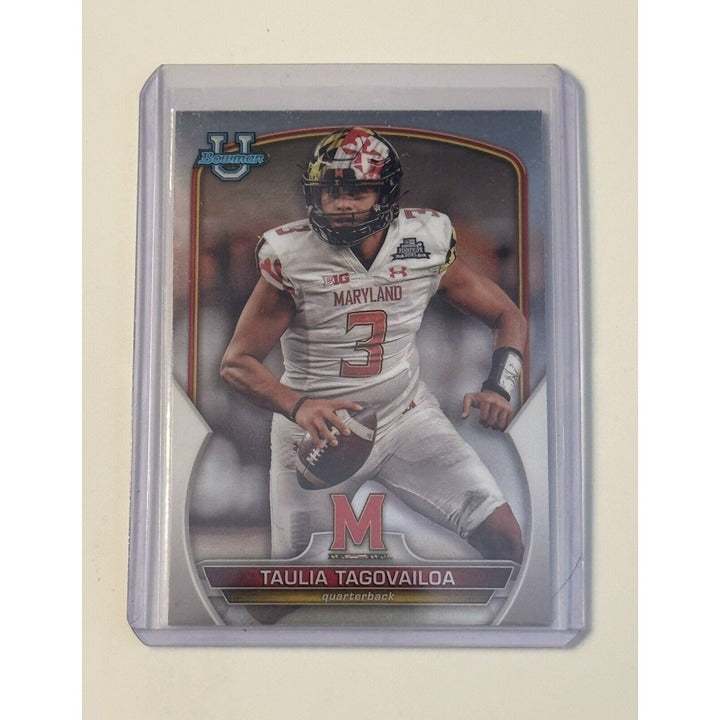 Taulia Tagovailoa RC 2022 Bowman Chrome University Maryland football trading card in protective case