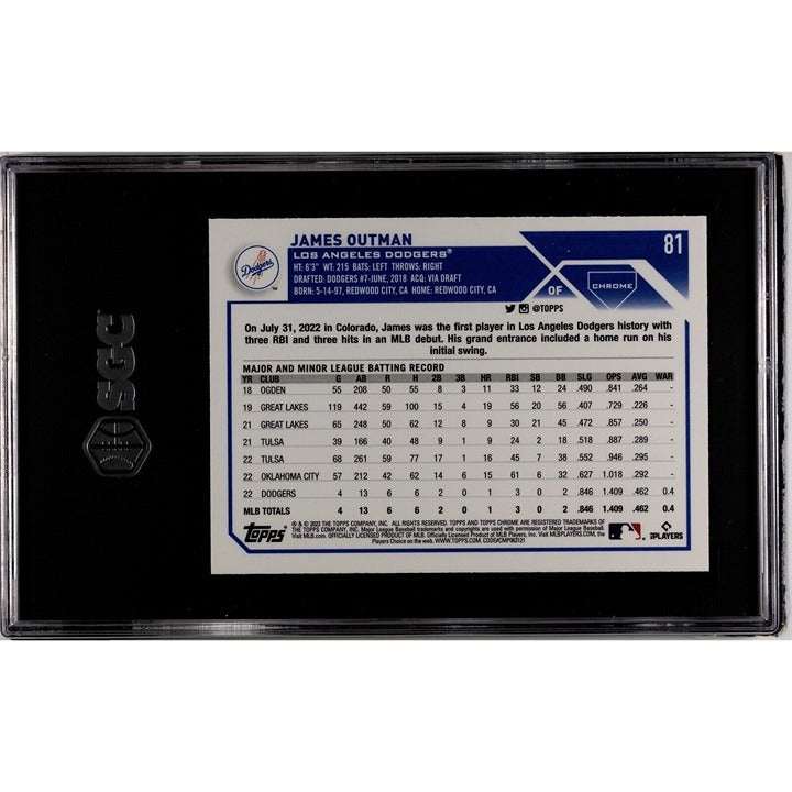 2023 Topps Chrome James Outman Rookie Card #81 graded SGC 9.5 featuring Los Angeles Dodgers player with chrome finish in protective case