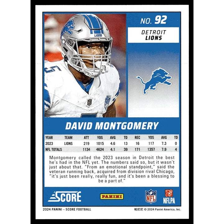 2024 Score NFL Football David Montgomery Detroit Lions limited edition card 13/100 mint condition