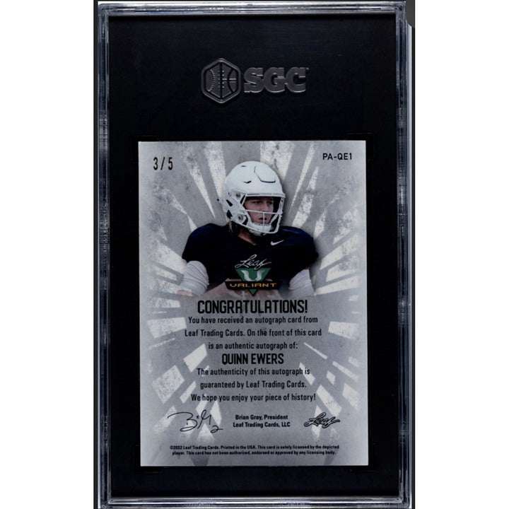 2022 Leaf Flash Quinn Ewers Rookie Autograph Leopard Crystal card graded SGC 8.5