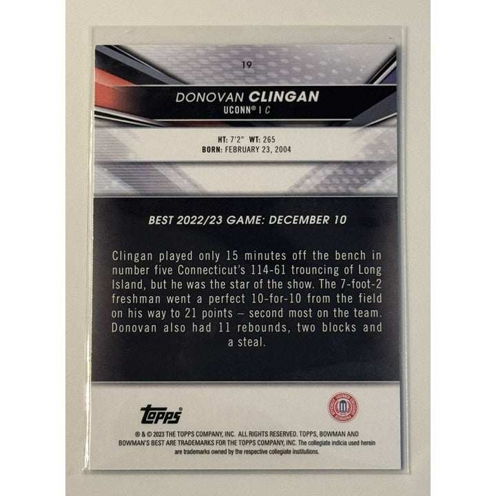 2022 Bowman University Donovan Clingan rookie autograph basketball card UCONN Trail Blazers blue parallel serial numbered