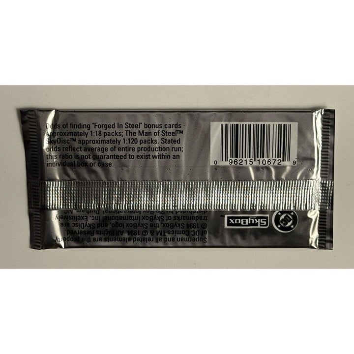 Sealed 1994 Skybox DC Superman The Man of Steel Platinum Series Premium Pack back view with barcode and packaging details