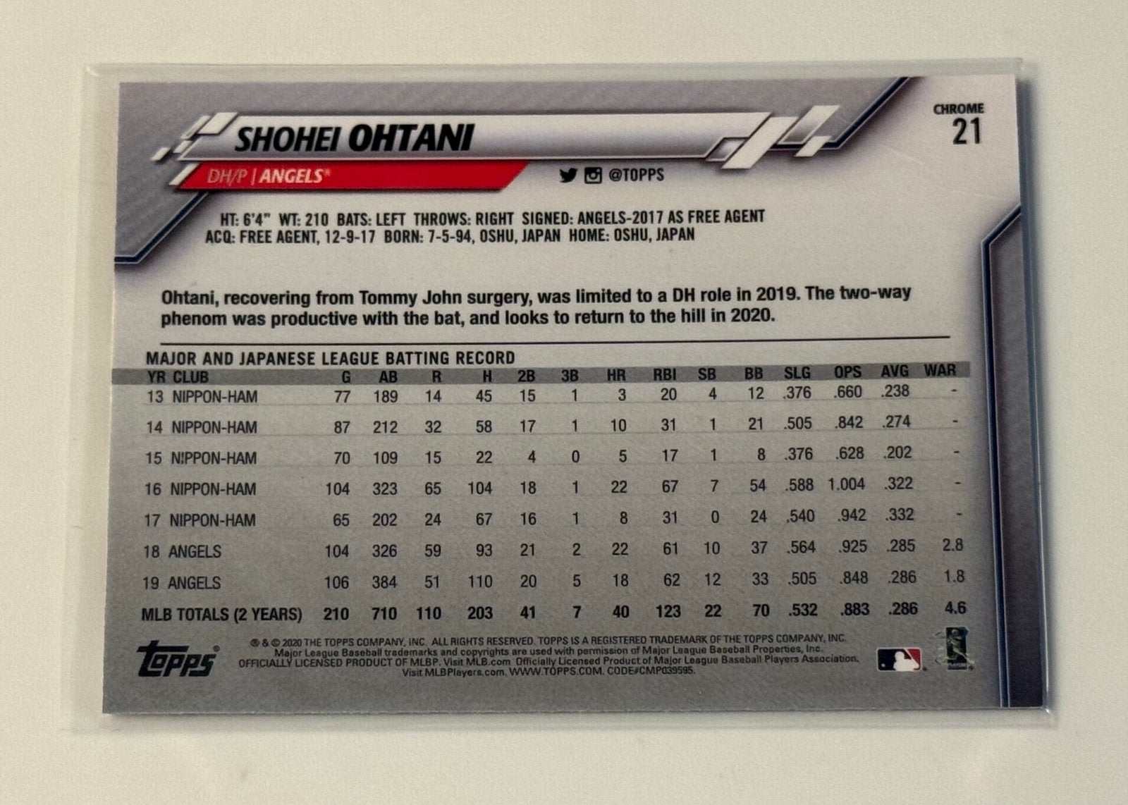 2020 Topps Chrome Shohei Ohtani MLB Angels/Dodgers baseball card back view