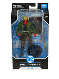 McFarlane DC Multiverse Grifter 7-inch action figure with red mask, green jacket, twin pistols, sword, and display stand in original packaging