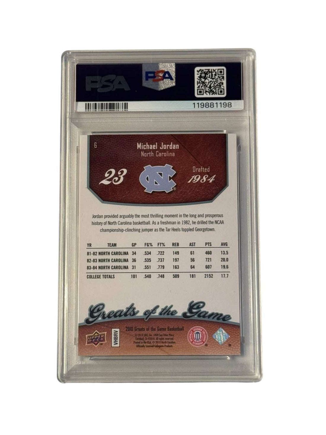 2009 UD Greats of the Game Michael Jordan #6 PSA 9 Mint basketball card UNC Tar Heels