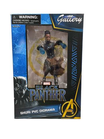 Marvel Gallery Black Panther Shuri PVC diorama statue with vibranium gauntlets on rocky base in display box