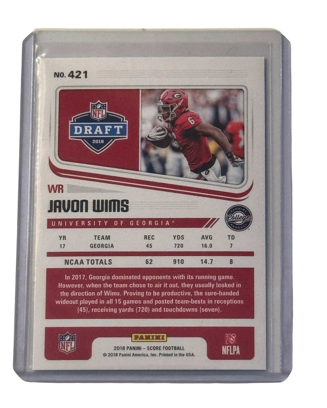 Javon Wims RC 2018 Score Georgia Bulldogs rookie card running with football in clear protective case