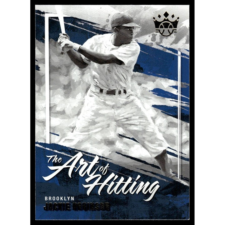 2022 Panini Diamond Kings Jackie Robinson baseball card showing artwork of Jackie Robinson batting for the Brooklyn Dodgers with "The Art of Hitting" text