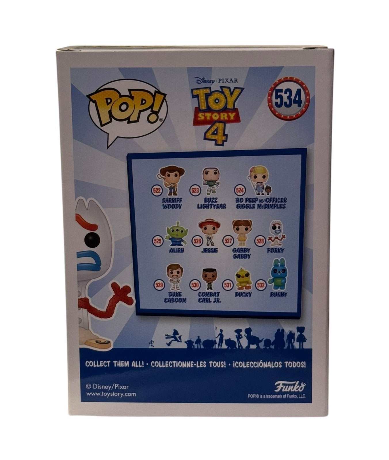 Funko Pop Toy Story 4 Forky 534 GameStop Exclusive vinyl figure packaging back view with character checklist