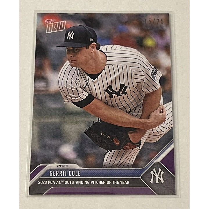 Gerrit Cole 15/25 2023 Topps NOW AL Player of the Year baseball card in Yankees uniform