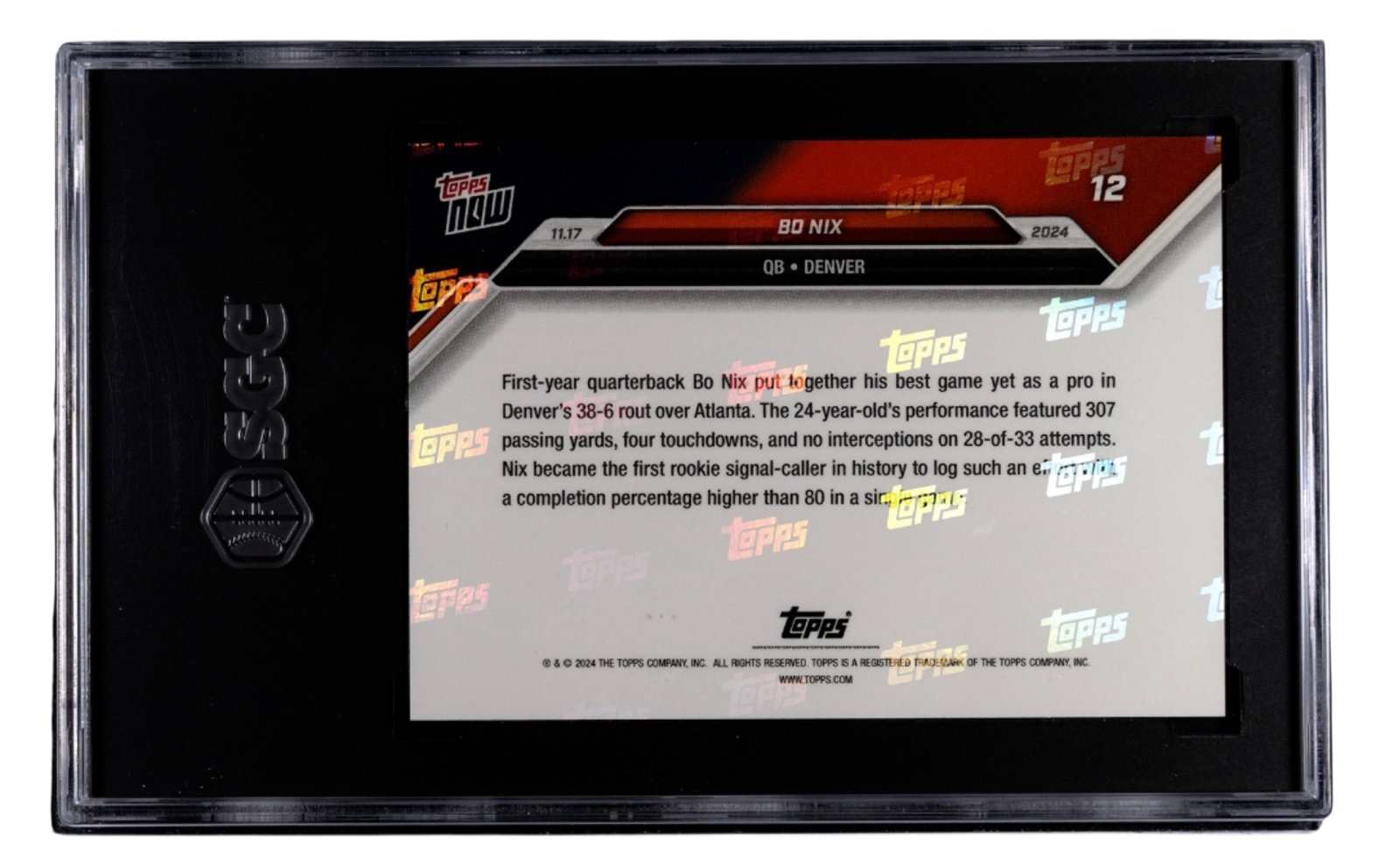 Bo Nix RC 2024 Topps NOW Rookie Card SGC 9.5 Denver Broncos NFL collectible