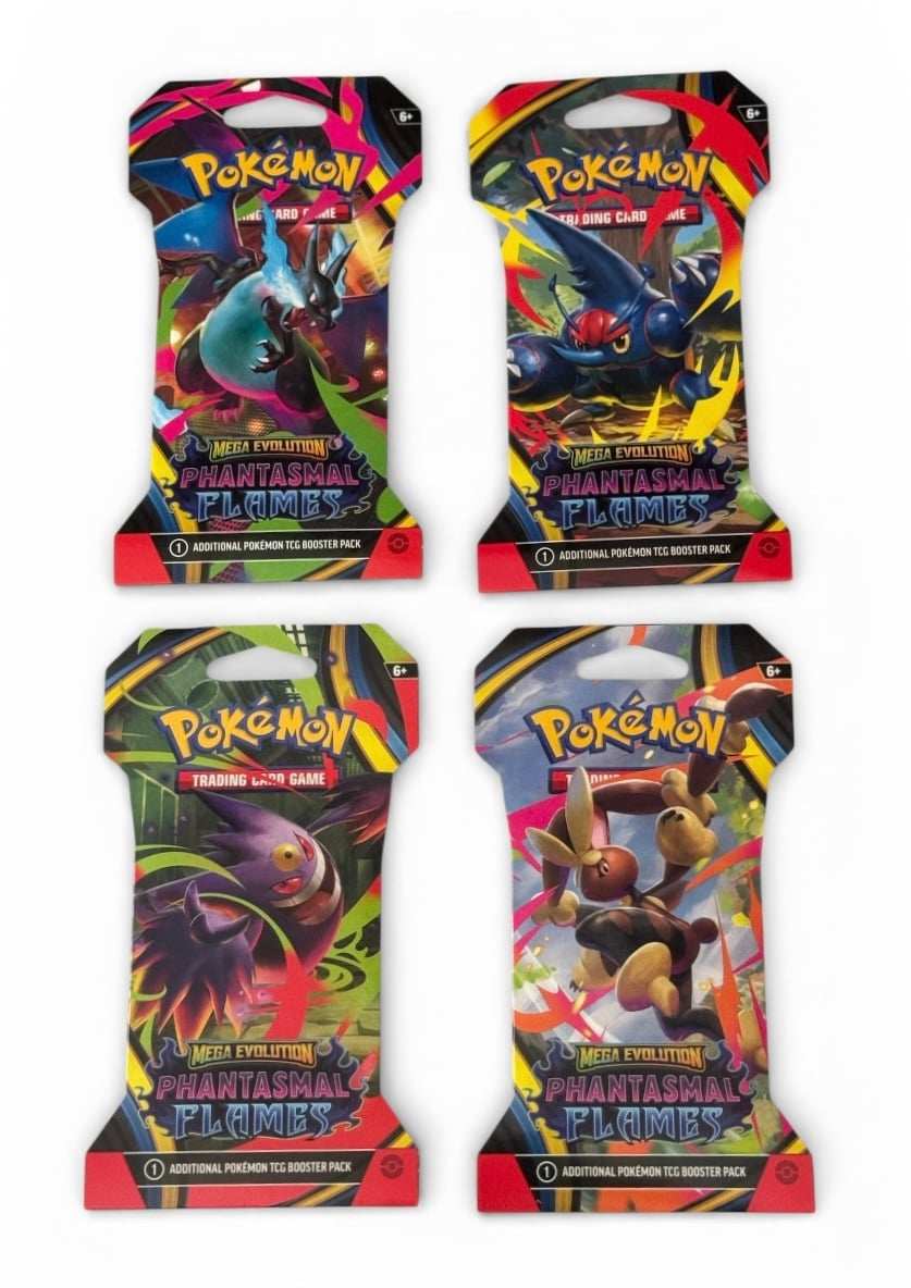 Sealed Pokémon TCG Mega Evolution Phantasmal Flames booster packs set with vibrant artwork