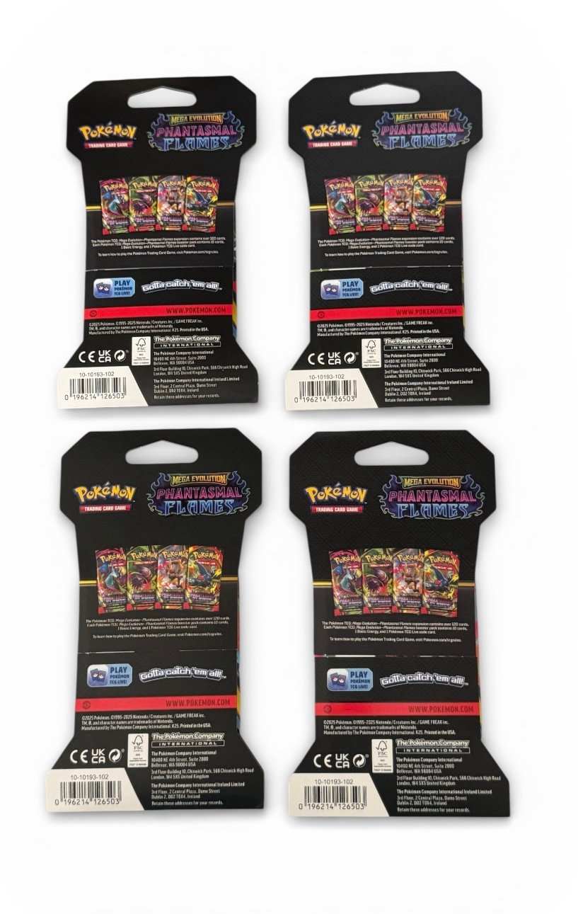 Sealed Pokémon TCG Mega Evolution Phantasmal Flames booster packs set with vibrant artwork