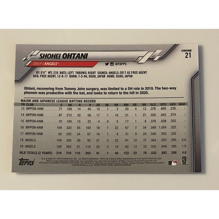 Shohei Ohtani 2020 Topps Chrome MLB Los Angeles Angels baseball card back view