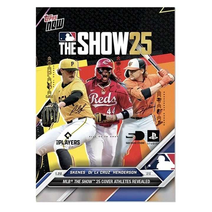 Topps Now MLB 2025 The Show 25 card featuring Paul Skenes, Elly De La Cruz, and Gunnar Henderson in full action poses