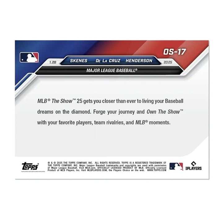 Topps Now MLB 2025 The Show 25 card featuring Paul Skenes, Elly De La Cruz, and Gunnar Henderson in full action poses