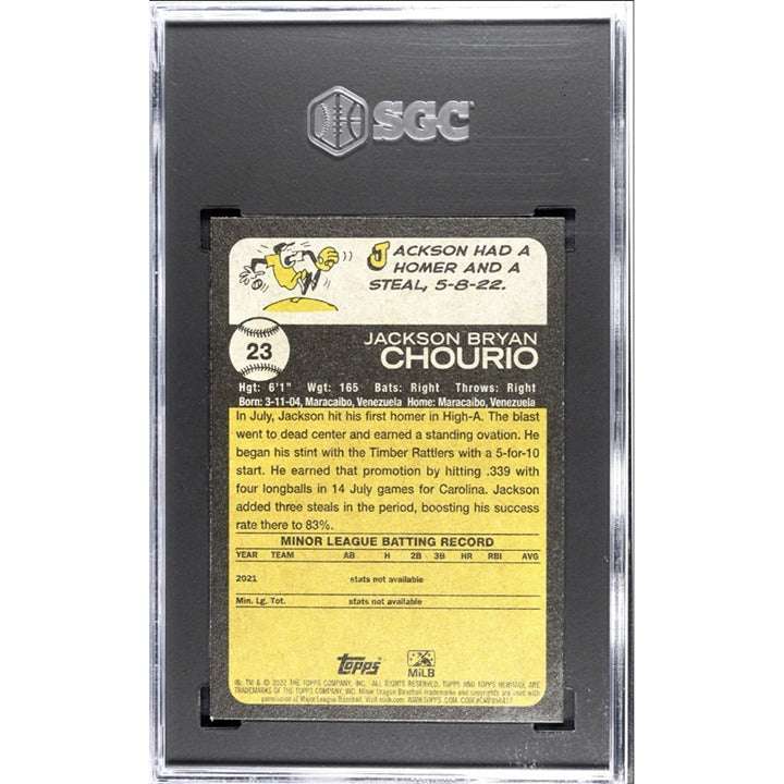 2022 Topps Heritage Minor League Jackson Chourio rookie baseball card graded 9.5 SGC in protective case