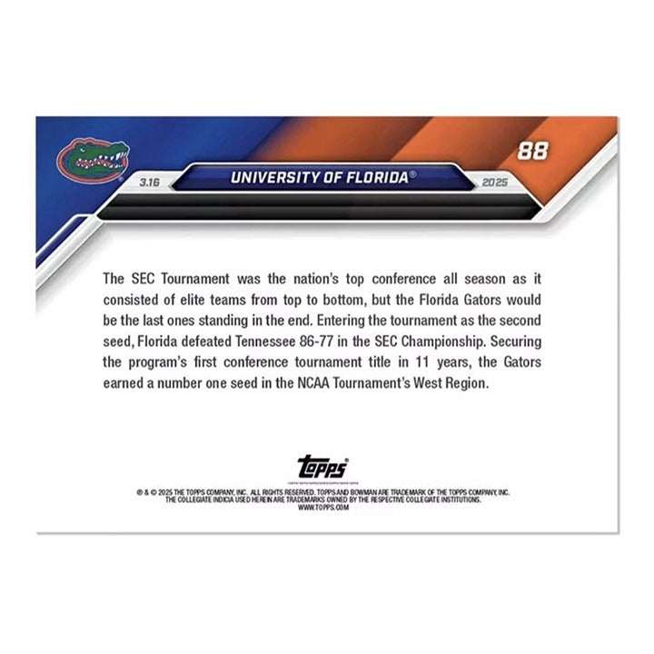 University of Florida 2024-25 SEC Champs Bowman U NOW Basketball NCAA card #88 with championship trophy and confetti celebration