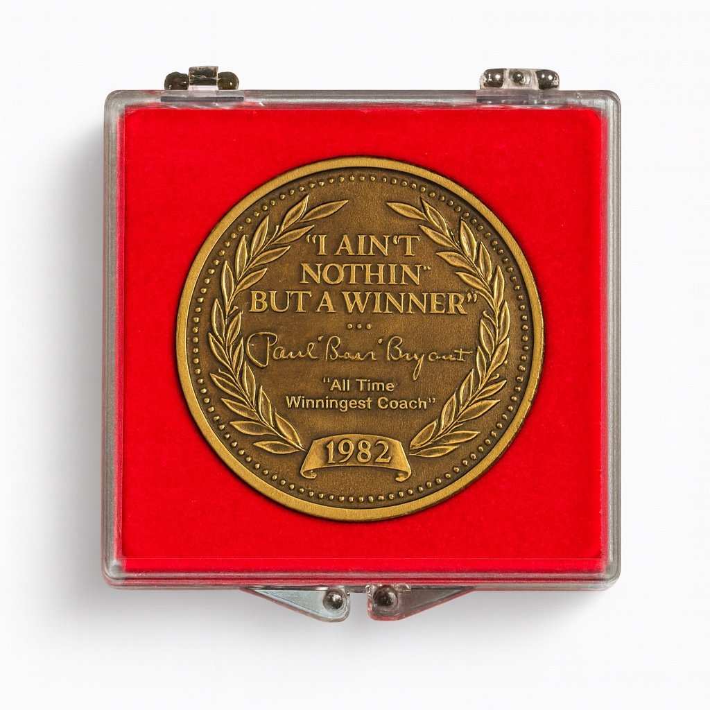 1982 Paul Bear Bryant bronze coin with "I Ain't Nothin But a Winner" inscription in clear case