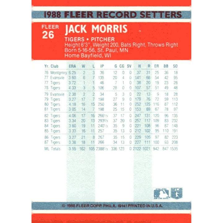 Record Setters AL Fleer 1988 Fleer Record Setters AL Jack Morris Vintage MLB Baseball Card 26 - MLB HOF