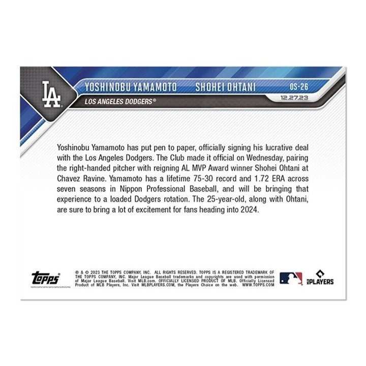 2023 MLB TOPPS NOW dual card featuring Yoshinobu Yamamoto and Shohei Ohtani in LA Dodgers uniforms