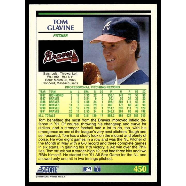 1992 Score 450 Tom Glavine Atlanta Braves baseball card pitcher mint condition