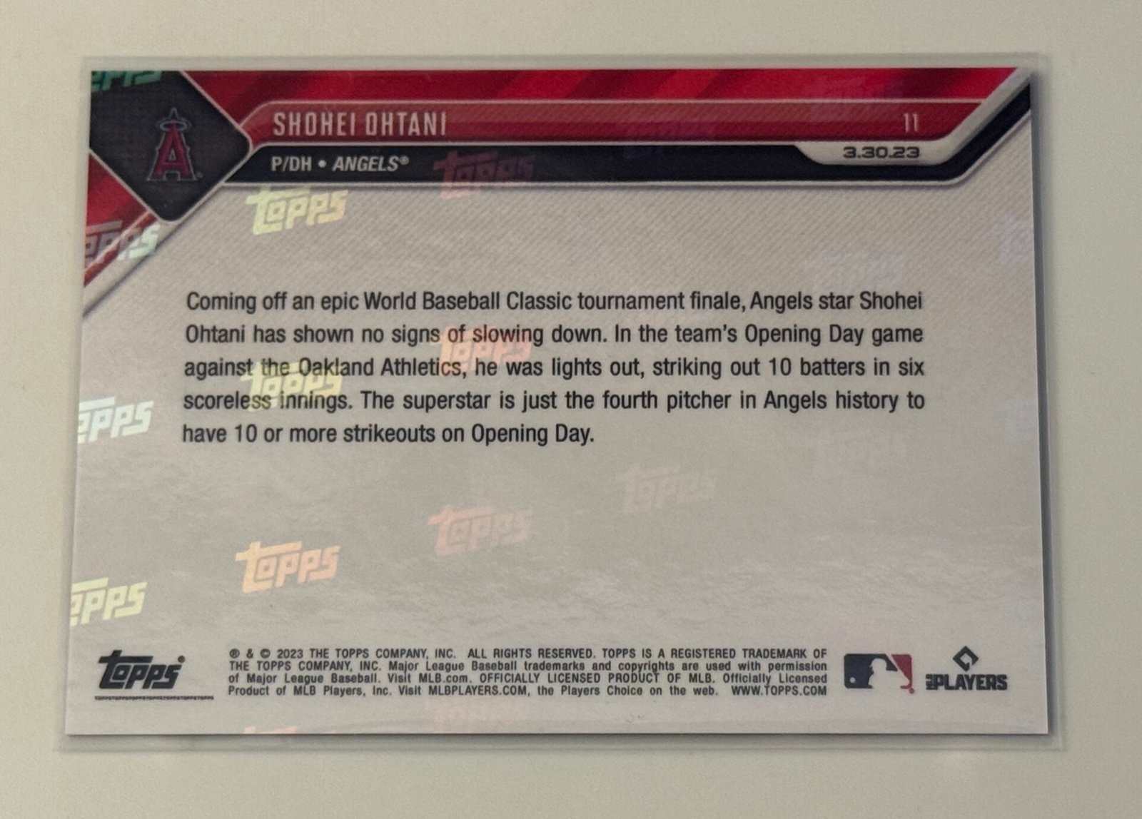 Shohei Ohtani 2023 Topps Now MLB Angels Opening Day 10+ strikeouts baseball card