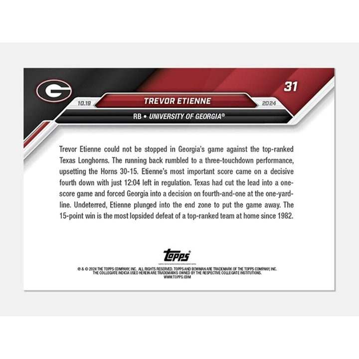2024 Bowman U Now football card featuring Trevor Etienne diving for a touchdown with Georgia Bulldogs uniform